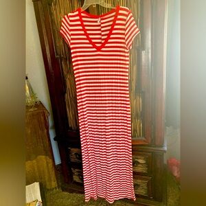 Yacht Rock Dress Red & White Stripe Full Length V-Neck T-Shirt Style Vintage Y2K